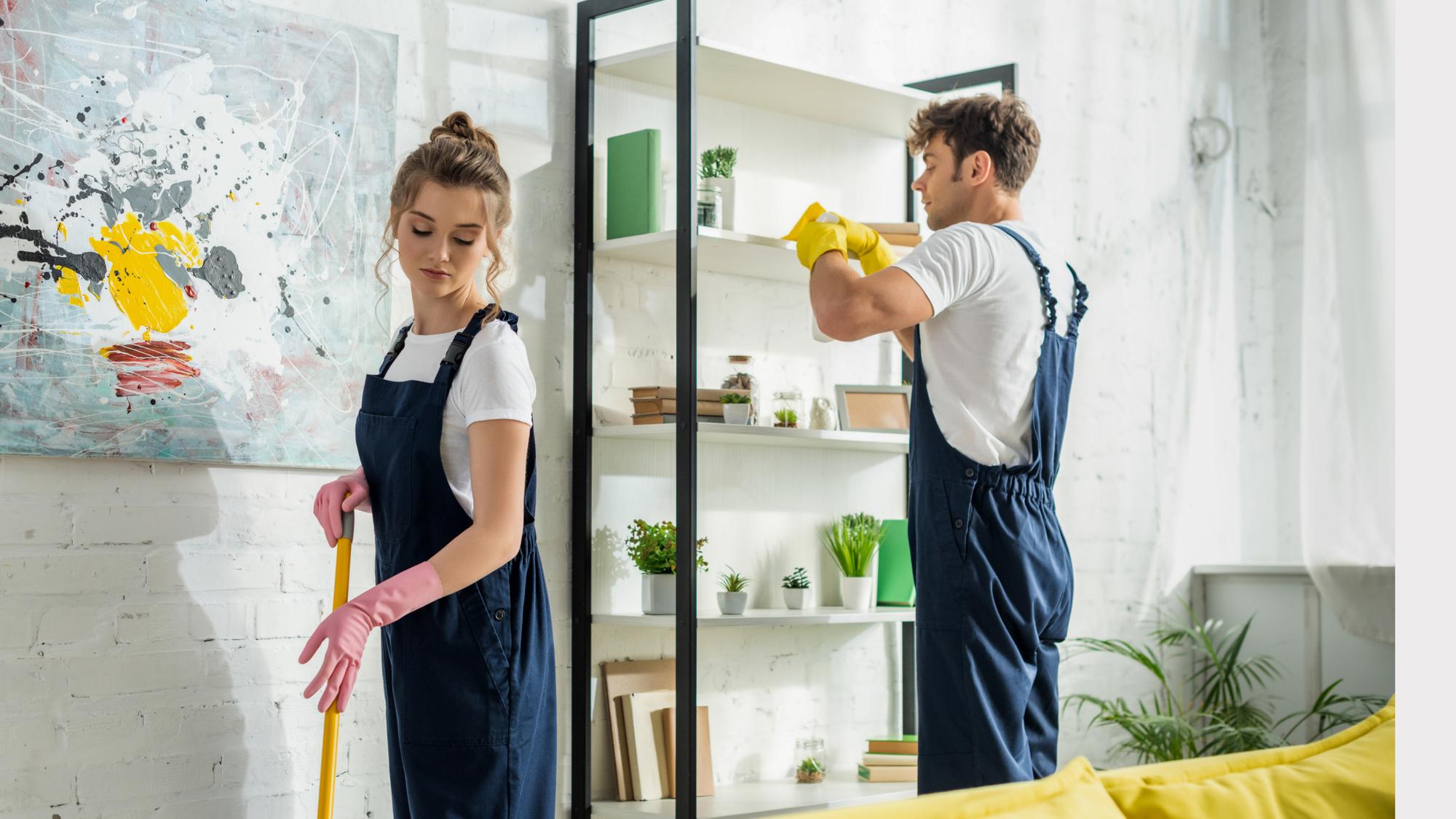 A man and a woman are cleaning a bright, modern room. The woman is holding a mop while wearing pink rubber gloves and looking at a shelf. The man, also in casual attire, is arranging items on the shelf while wearing yellow rubber gloves. There are plants and decorative items on the shelves, and a vibrant abstract painting is displayed on the wall.